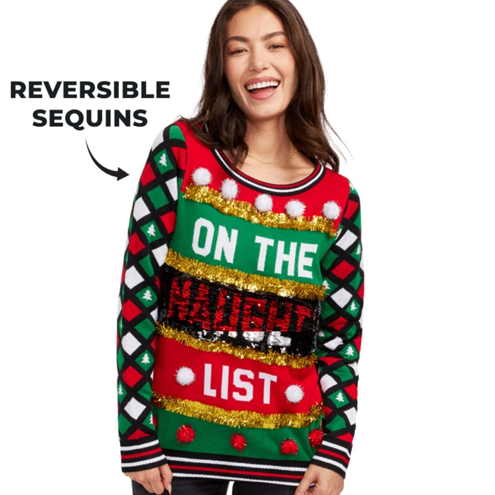 NWOT Tipsy Elves WOMEN'S NAUGHTY OR NICE REVERSIBLE SEQUIN sweater